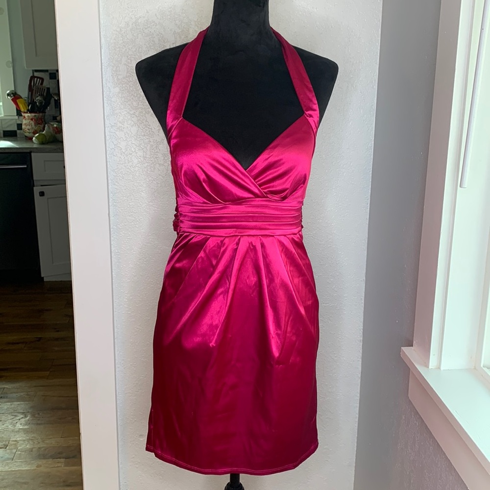 Arden B Hot Pink Satin Halter Mini Dress Open Back Bow Tie Y2K Party Glam Small